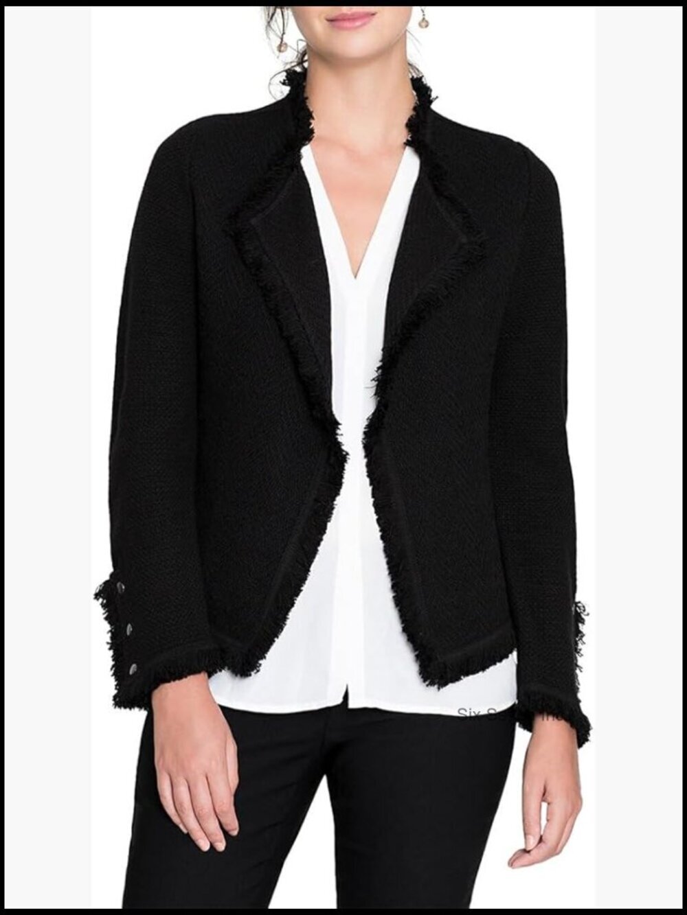 Knit Blazer with Fringe Trim, Notch Collar, Snap Cuffs, Soft Suiting Alternative